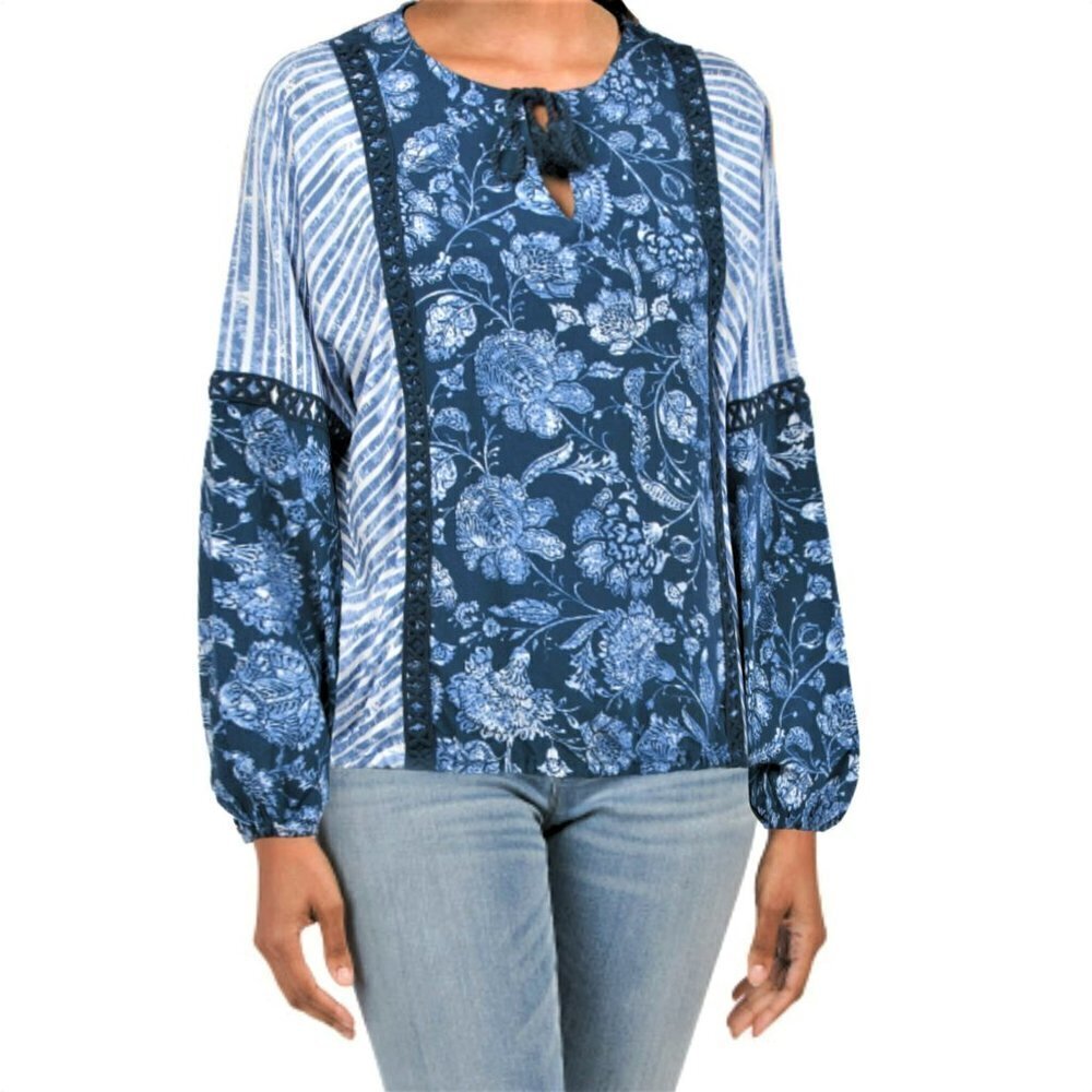NWT SPENSE Boho Floral Print Crochet Detail Long Sleeve Blouse Tunic   S,M,L